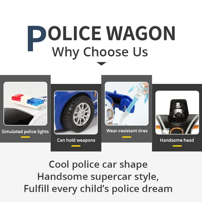 Blaues Kollisionsverformungs-Polizeiauto für Kinder, Toy Boy Inertia Impact, Ein-Knopf-Verformungsauto