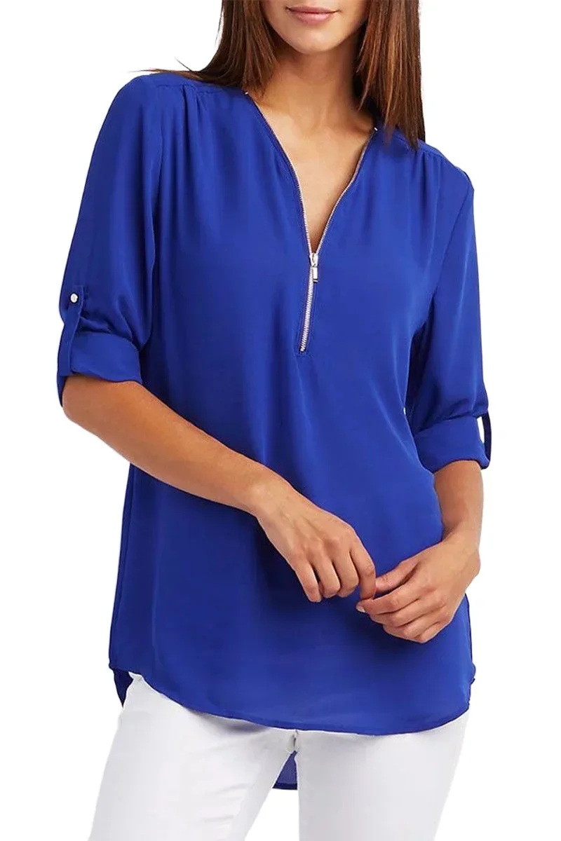 Camisa holgada fresca de verano para mujer, blusa de gasa con cuello de pico profundo, Tops informales para mujer, jersey Sexy con cremallera de talla grande, moda de manga larga
