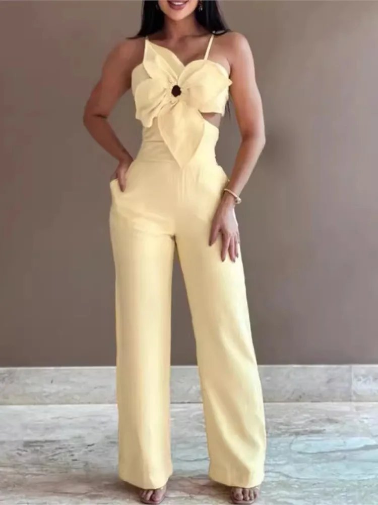 ฤดูร้อนสปาเก็ตตี้แฟชั่นJumpsuitผู้หญิงใหม่ดอกไม้รูปแบบShirred Hollow Out Casualไม่สมมาตรคอBackless Jumpsuits