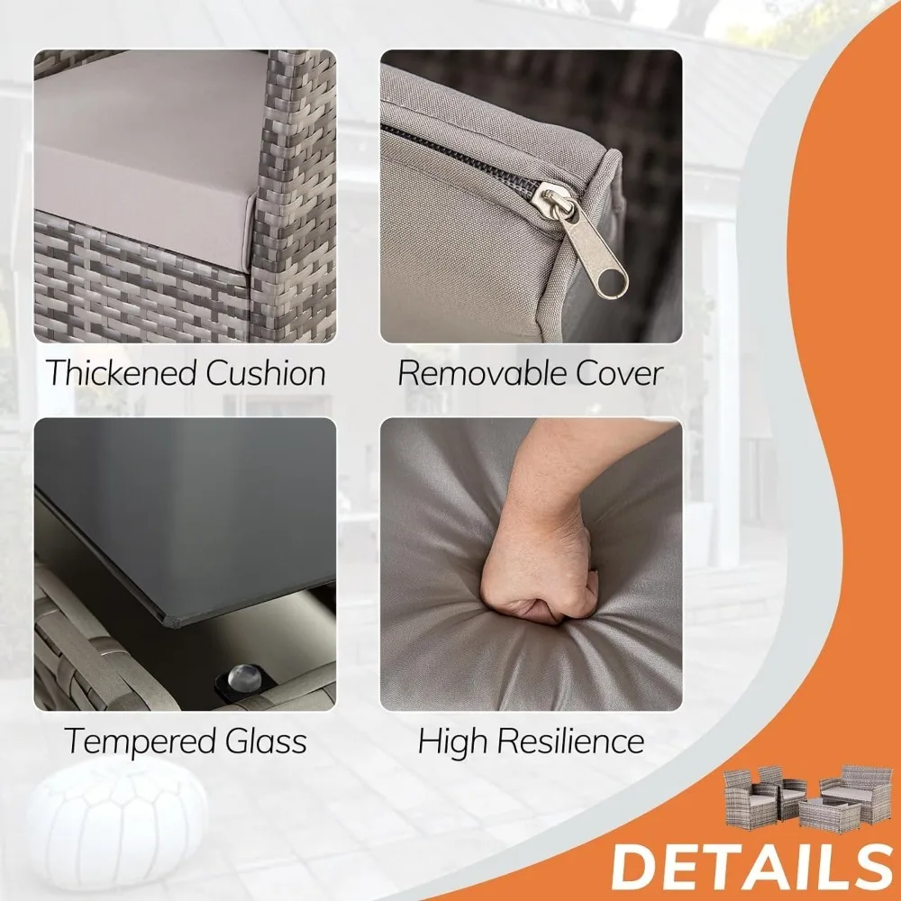 4 Piece Patio Furniture Set,Outdoor Wicker Conversation Sets,Rattan Sectional Sofa W/Coffee Table,Seat Cushions