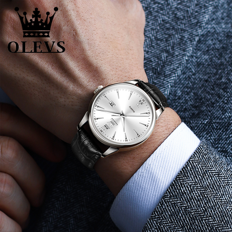 OLEVS 高級ビジネスクォーツ時計男性用レザーストラップオリジナルカジュアル防水男の腕時計高品質メンズ腕時計