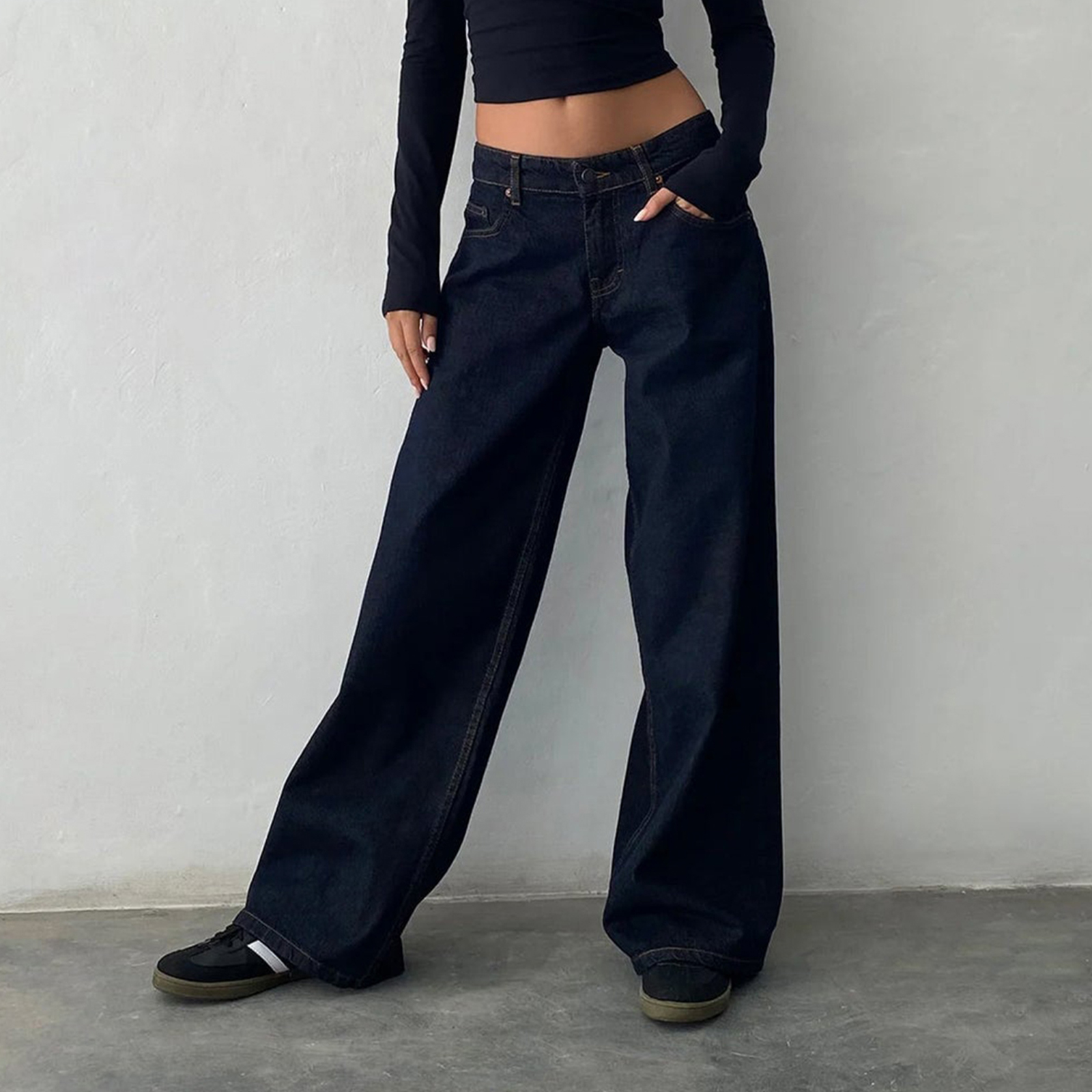Combhasakiผู้หญิงY2K Vintageซิปปุ่มต่ําเอวกางเกงยีนส์สีทึบBaggy Denimกางเกงยาวพร้อมกระเป๋าทุกวันStreetwear