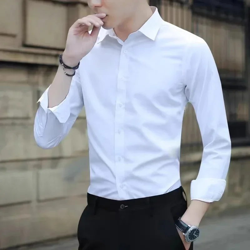 Camisa de manga larga, fibra de bambú elástica para hombres, camisa de seda sin planchar, ropa profesional para hombres de mediana edad y mayores