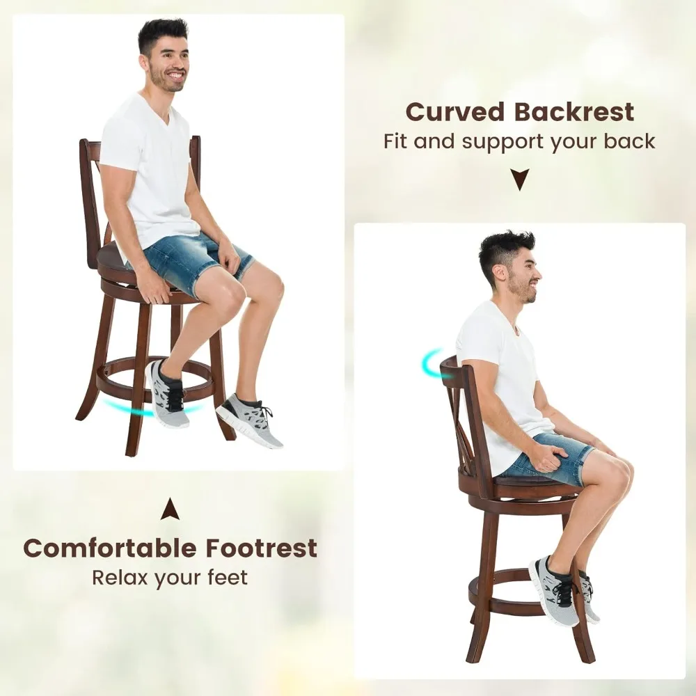 Bar Stools Set of 4, 360° Swivel Chairs with Rubber Wood Frame, 26 in PU Leather Cushioned Seat and Footrests, for Kitch