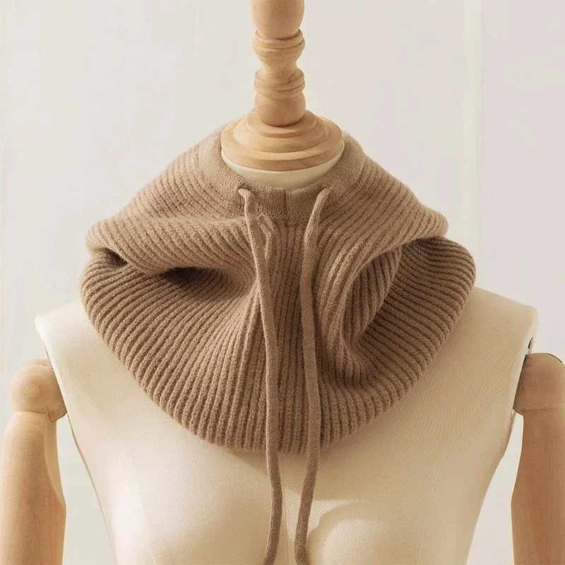 Gorro de punto Unisex para hombre y mujer, gorro con cuello y capucha de Cachemira sintética, gorro grueso con cordón para la cabeza, gorro elástico ajustable, 2024