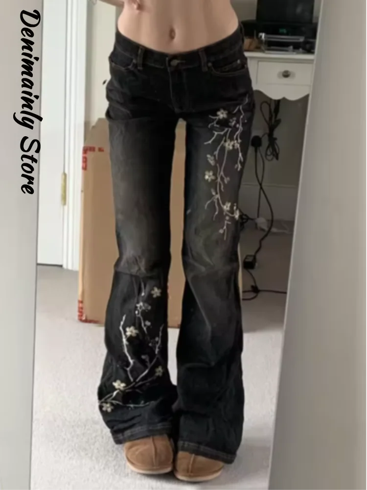 Mode Stickerei Denim Frau Hosen Schlank Niedrige Taille Pflaumenblüte Micro Ausgestelltes Hosen 2025, Neue Chic High Street frauen Jeans