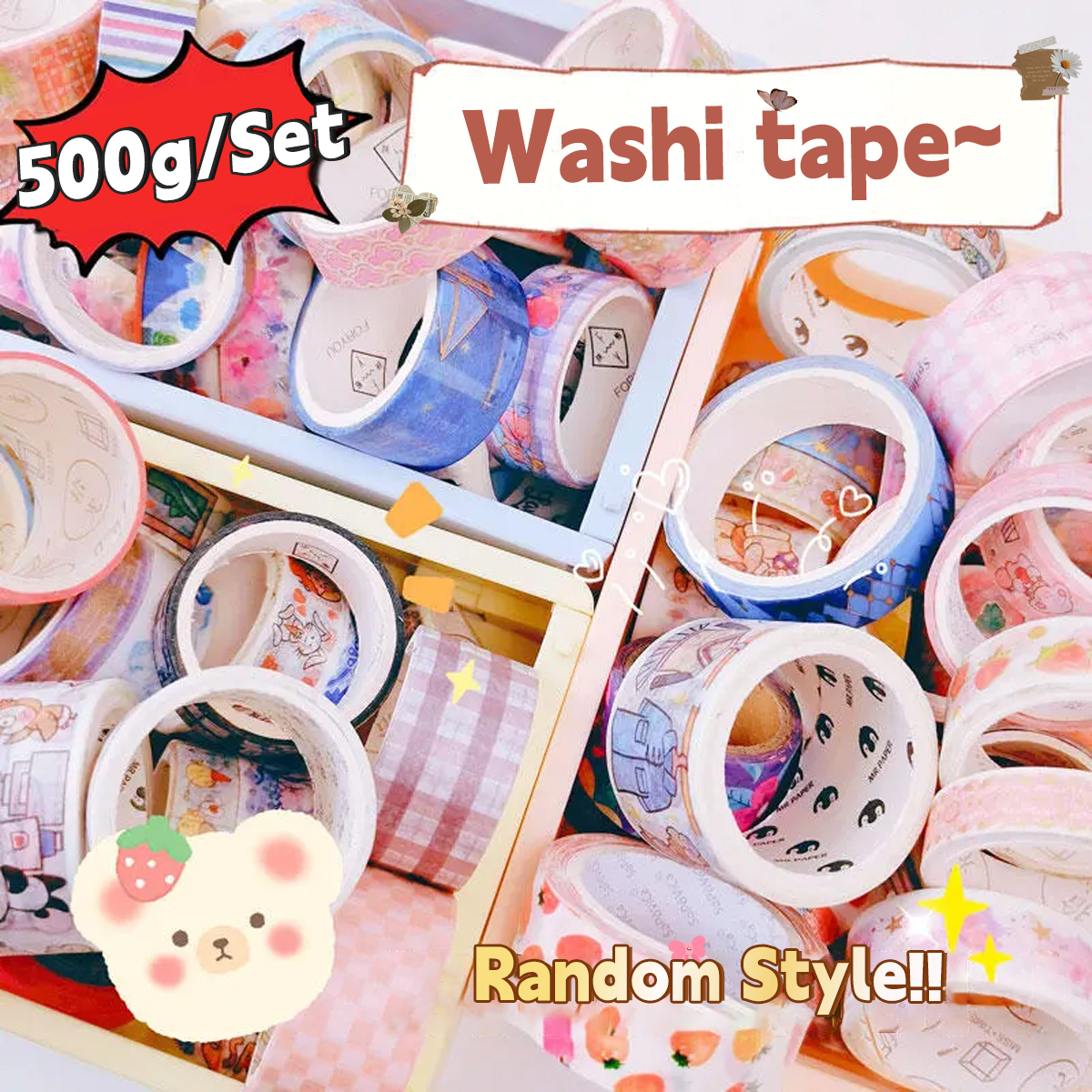 500g Random Washi Tape Set 50-60 Pcs No repeat Stationery Stickers Adhesive Masking Tape Scrapbooking Kawaii Journal Supplies