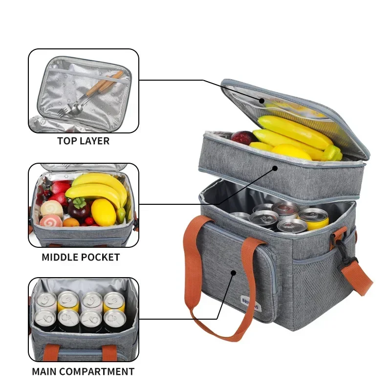 Bolsa de almuerzo térmica portátil, bolsas enfriadoras de alimentos para Picnic, estuche aislado, bolsa de almuerzo duradera impermeable para oficina, caja de refrigeración con correa para el hombro