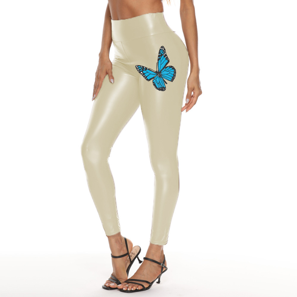 New Invisible Zipper Open-Crotch Pants PU Leather Pants Women's Printed Bright Leather Pants Pencil Pants Women's High Waist