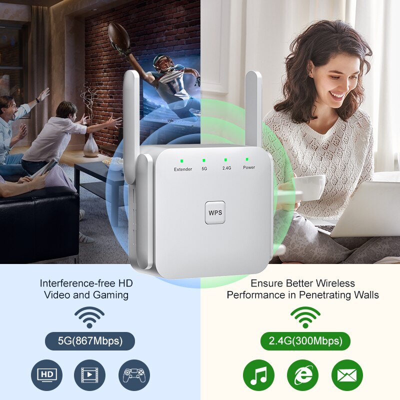 FENVI 1200Mbps 5Ghz Inalámbrico WiFi Repetidor 2,4G/5GHz Amplificador de Señal Wi-Fi Extensor Router Red Wlan WiFi Repetidor