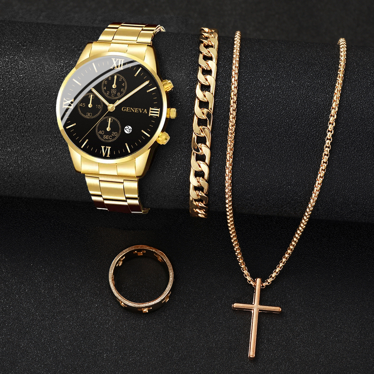 4 Stks/set Mode Herenhorloges Zilver Stalen Band Quartz Horloge Mannelijke Zakelijke Horloges Sieraden Set (Zonder Doos)