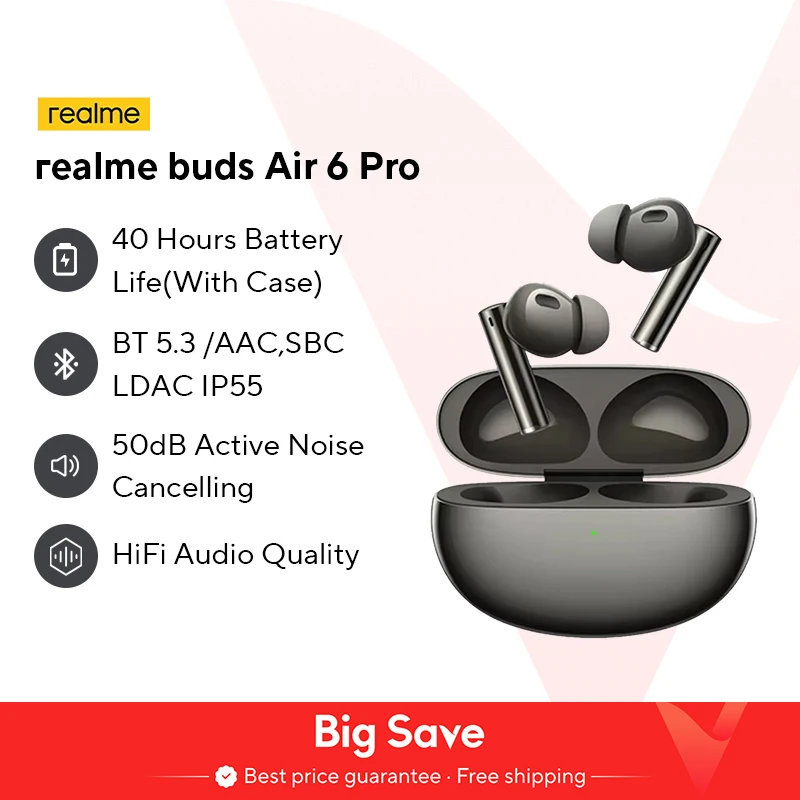 realme Buds Air 6 Pro Echter kabelloser Kopfhörer 50 dB Deep Sea Noise Reduction 2.0 Bluetooth 5.3 kabelloser Kopfhörer