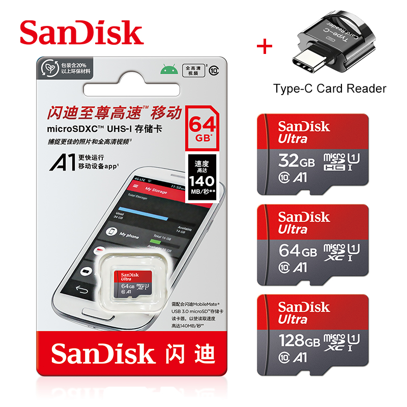 Original SanDisk A1 Memory Card 128GB 100MB/S 64GB 32GB Micro sd card Class 10 UHS-1 Flash Microsd TF + Type-C Card Reader