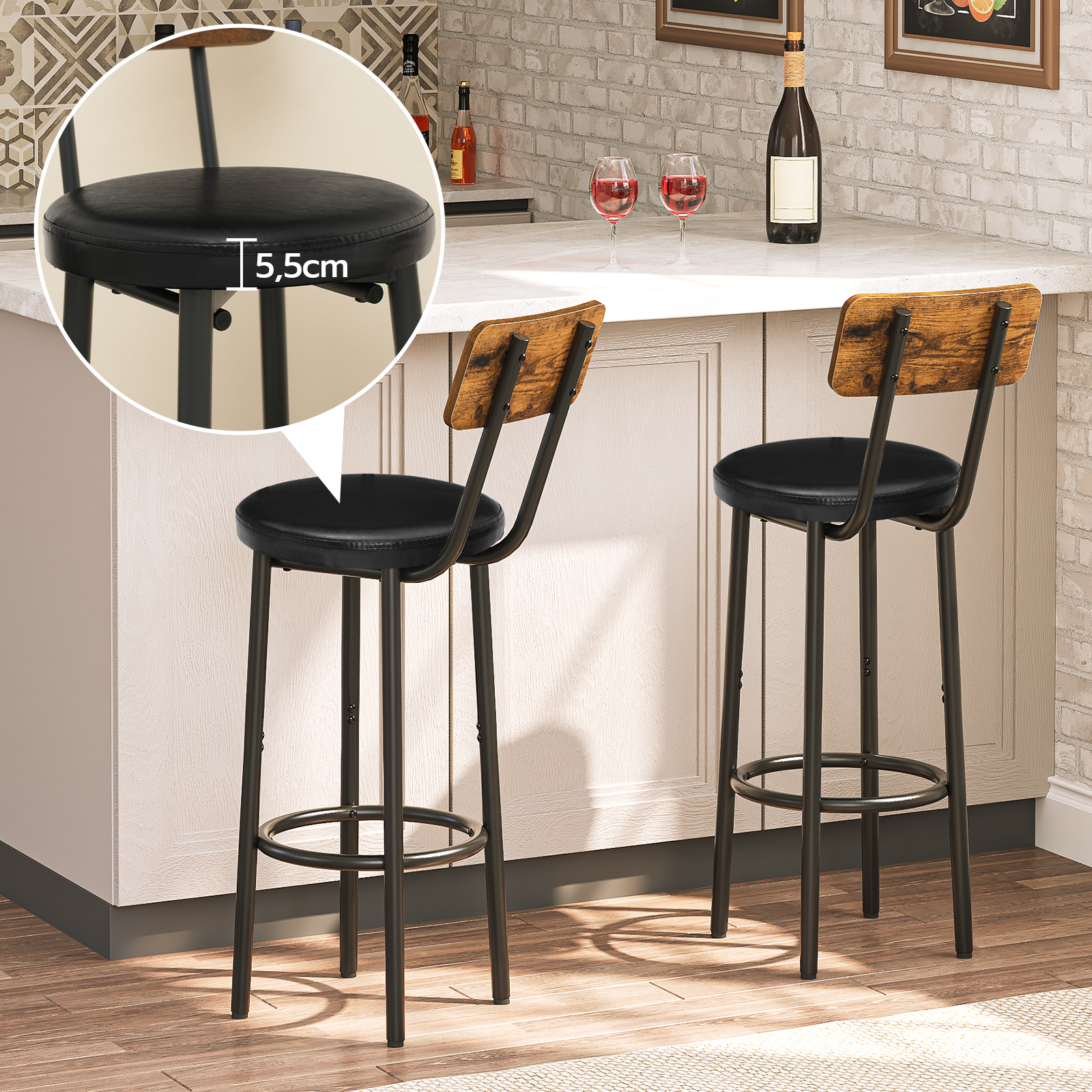 OBRO-Chaises de Bar avec Dossier, Ensemble de 2 Pièces, en PU, avec Repose-Pieds, pour Cuisine et Salon