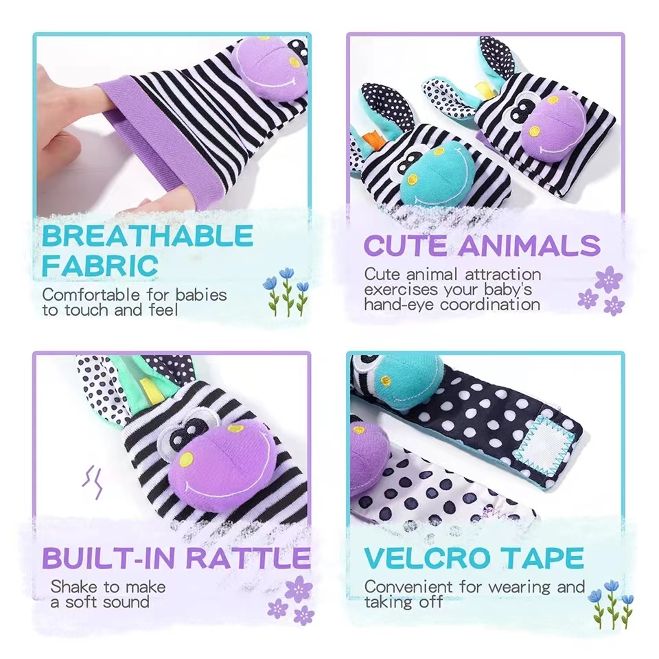 4 pçs chocalho do bebê brinquedos bonito animais de pelúcia chocalho de pulso pé localizador meias 0 ~ 24 meses para infantil menino menina presente recém-nascido