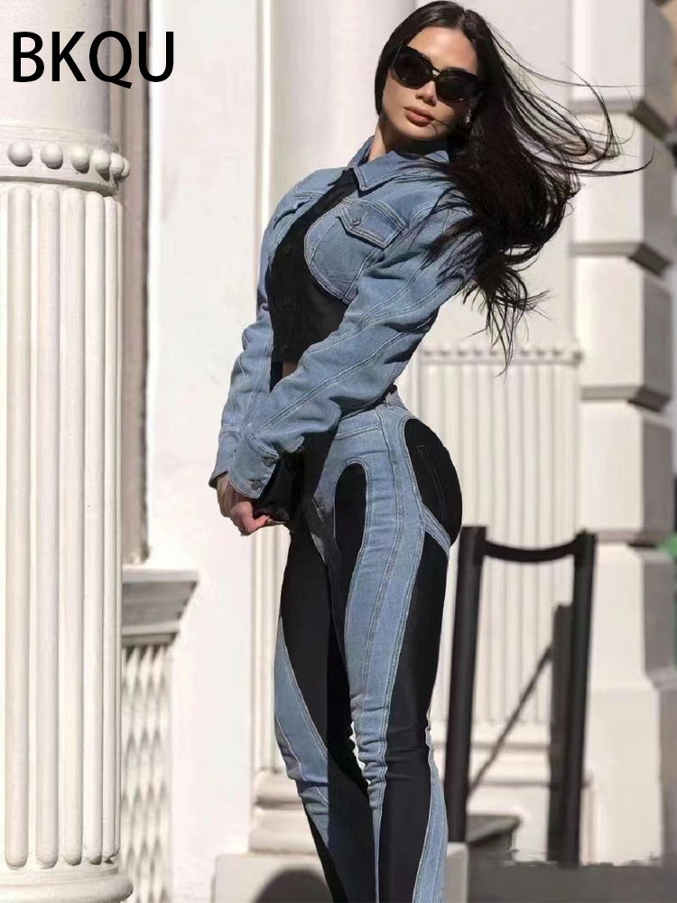 BKQU กางเกงยีนส์ผู้หญิงกางเกงดินสอ 2023 แฟชั่นเอวสูงสัญญาสี Patchwork แยกยาว DENIM กางเกงกางเกงผอม