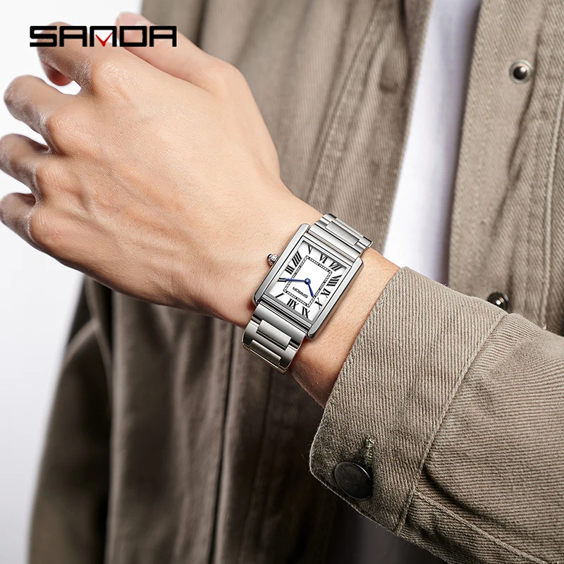 SANDA hommes montre à Quartz étanche décontracté mode Couple montre résistant à l'usure bracelet en acier inoxydable cadran carré conception femmes amant cadeau