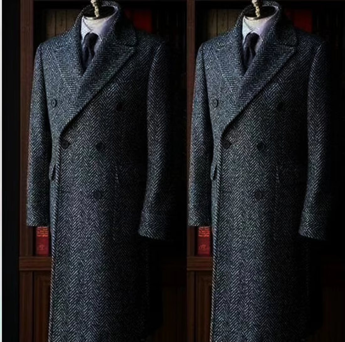 Vintage Men's Long Overcoat Double Breasted Wool Blend Overcoat plus Size Warm Winter Business Jacket Customizable Blazer