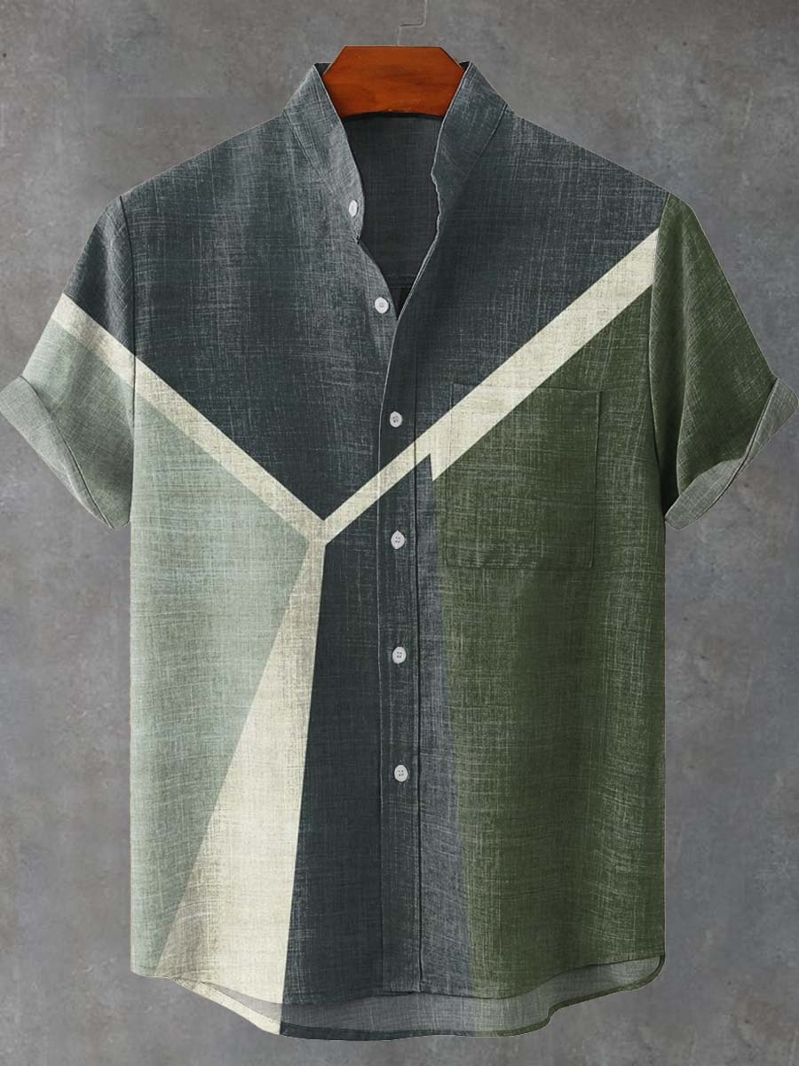New men's artistic print, simple pattern, high-quality men's clothing, casual linen short-sleeved shirt, fast delivery