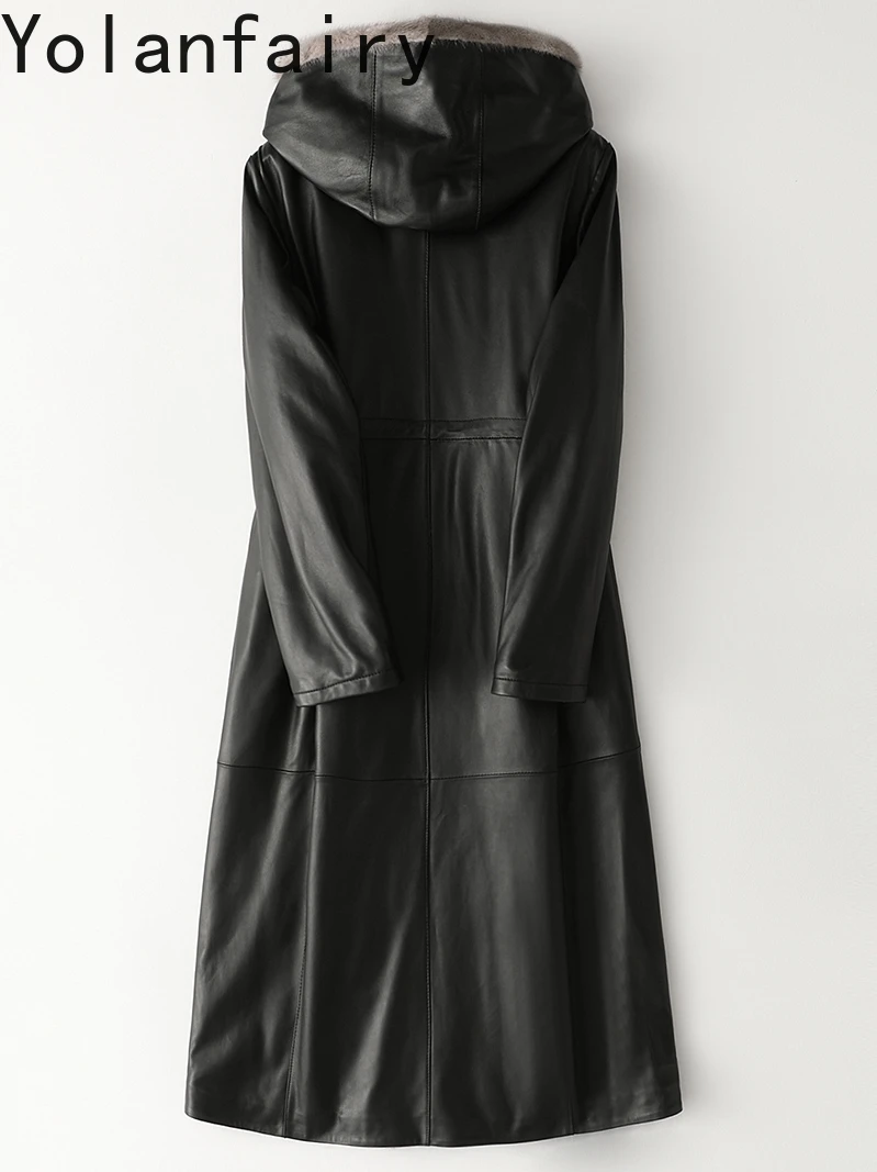 YOLANFAIRY 100% véritable peau de mouton en cuir véritable veste femmes à capuche hiver longues doudoune col de fourrure de vison noir manteaux bouffants