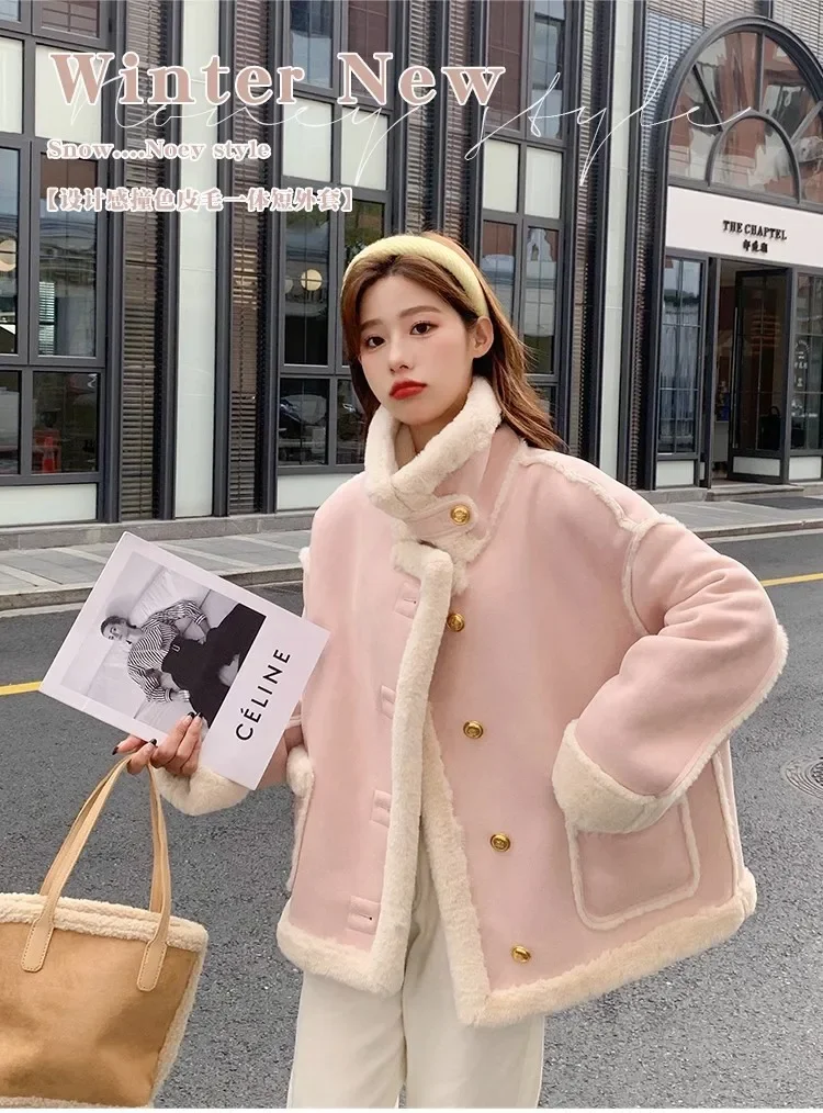 Parkas de lana de cordero para mujer, abrigo grueso de doble cara, moda coreana, lindo estilo Preppy, chaqueta de botonadura única, Invierno