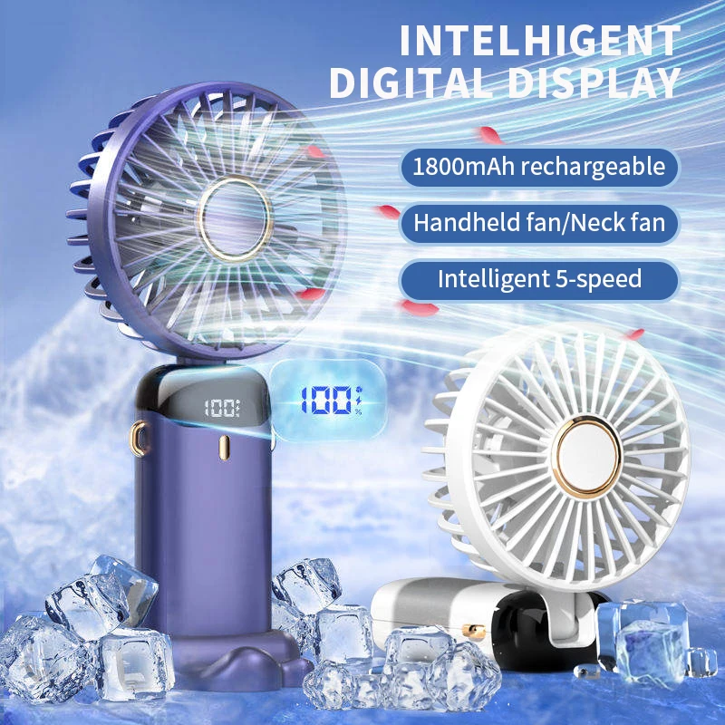 Mini ventilador portátil de mano, ventiladores plegables para colgar en el cuello, ventilador recargable por USB de 5 velocidades con soporte para teléfono y pantalla de visualización de 1800mAh