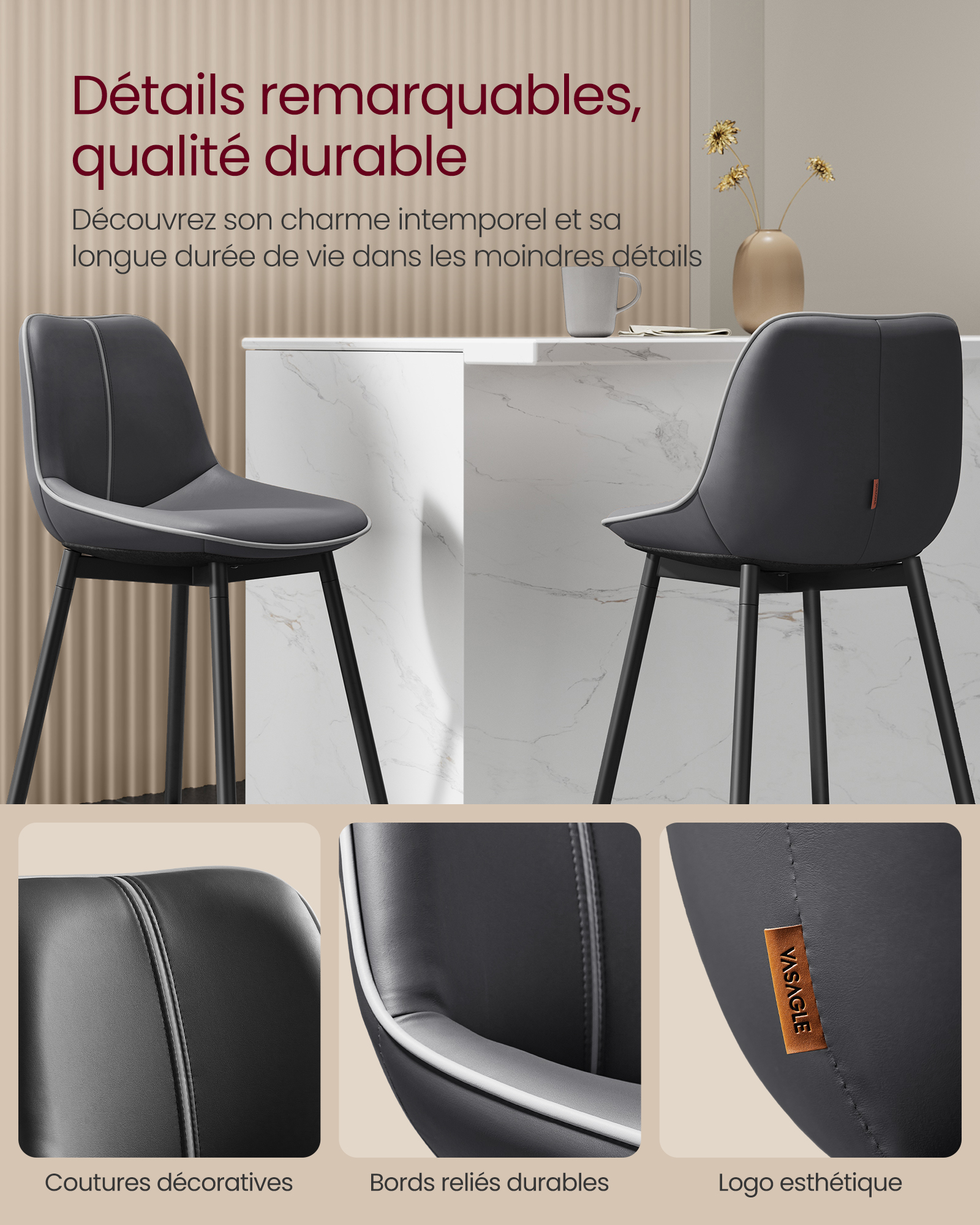 Tabourets de Bar, Lot de 2, Ergonomique, PU, Structure Métallique avec Pieds Réglables Articulés, 73 cm de Hauteur, Noir d'encre