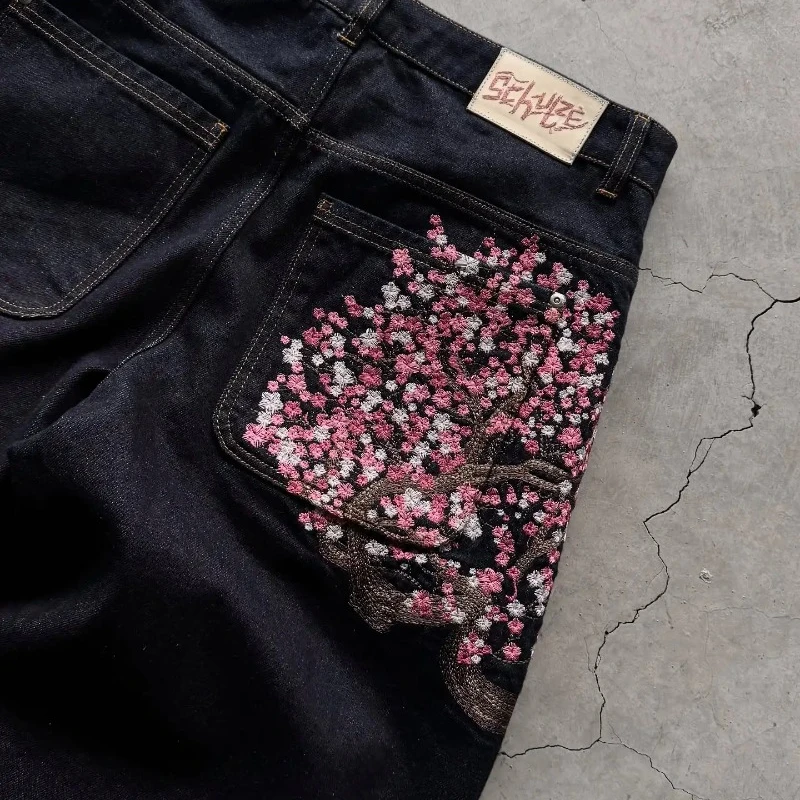 Y2K pantalones vaqueros holgados con orillo de flor de cerezo, pantalones vaqueros bordados para hombres y mujeres, tela vaquera, ropa de calle americana de hip hop, pantalones vaqueros de pierna ancha