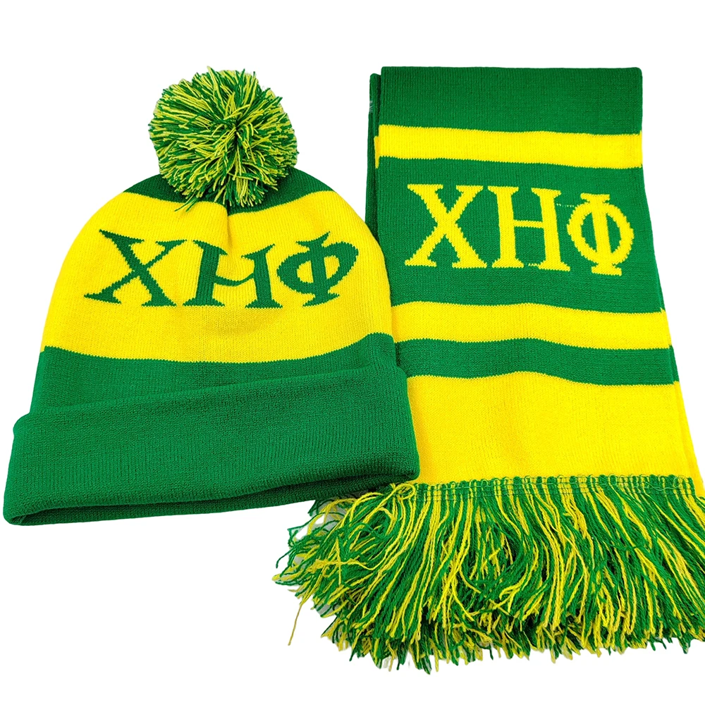 Chi Eta Phi 1932 Màu Vàng Xanh Màu Dày Mềm Mại Khăn Mũ Bộ Mùa Đông Dệt Kim Giữ Ấm Khăn Choàng Cổ Nữ Quần Áo Phụ Kiện