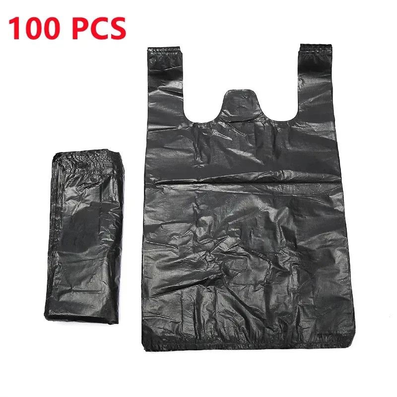 100PCS Schwarze Weste Plastiktüte Küche Wohnzimmer Saubere Müll Aufbewahrungstasche Zum Mitnehmen Einkaufen Verpackung Müll mit Griff Tasche