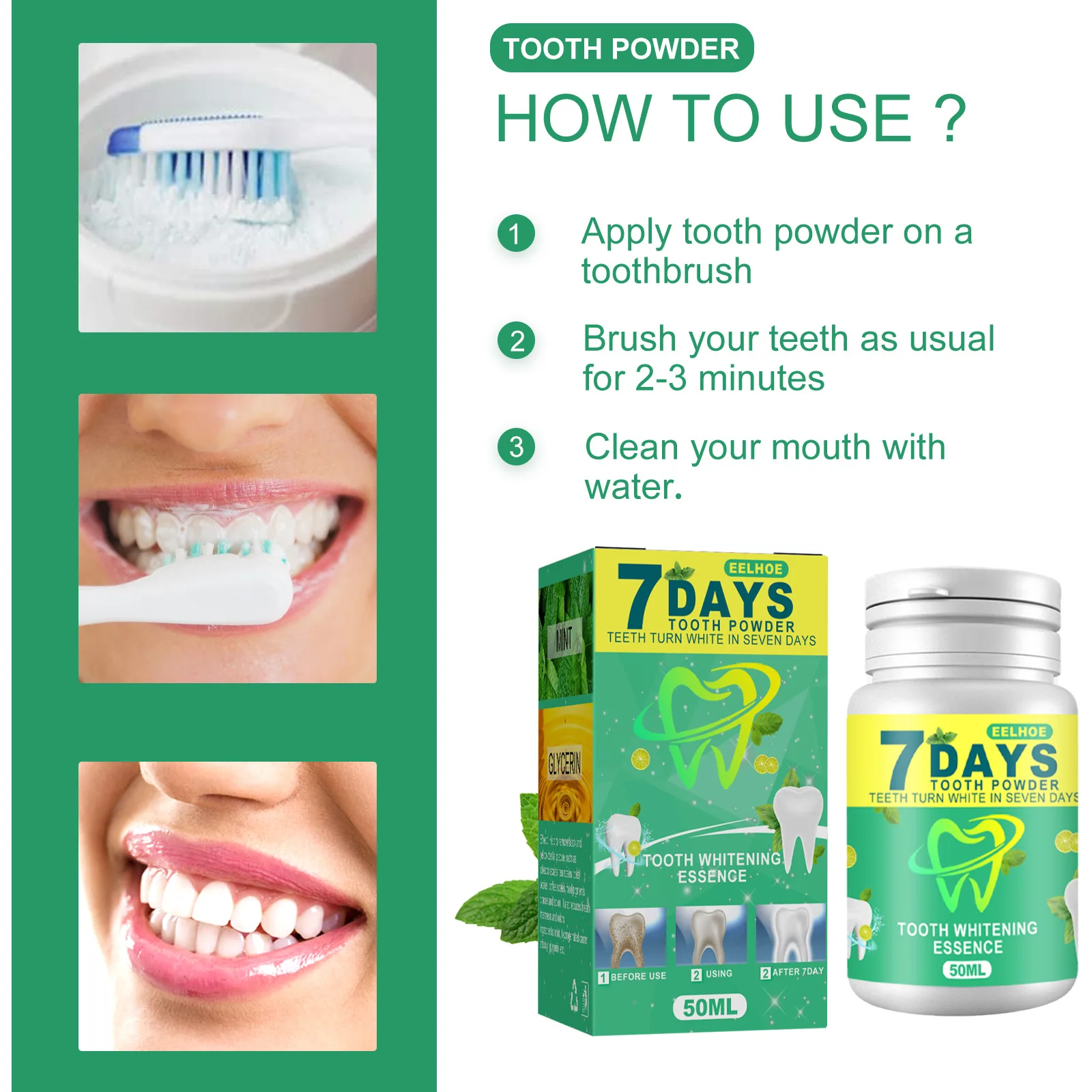 EELHOE-polvo para blanquear los dientes, 7 días, limpieza de dientes, cuidado bucal, eliminación de manchas de dientes, aliento fresco, 50ml