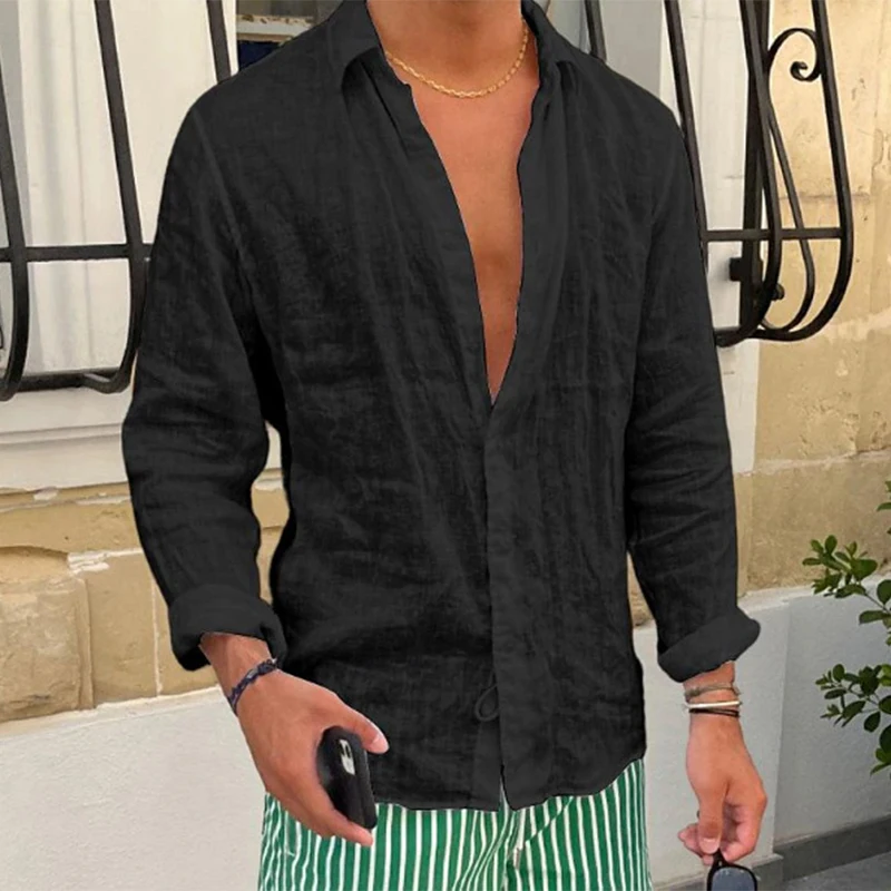 Spring New Casual Linen Shirts Mens Long Sleeve Button-up Turn-down Collar Shirt Seaside Beach Vintage Men Solid Color Cardigans