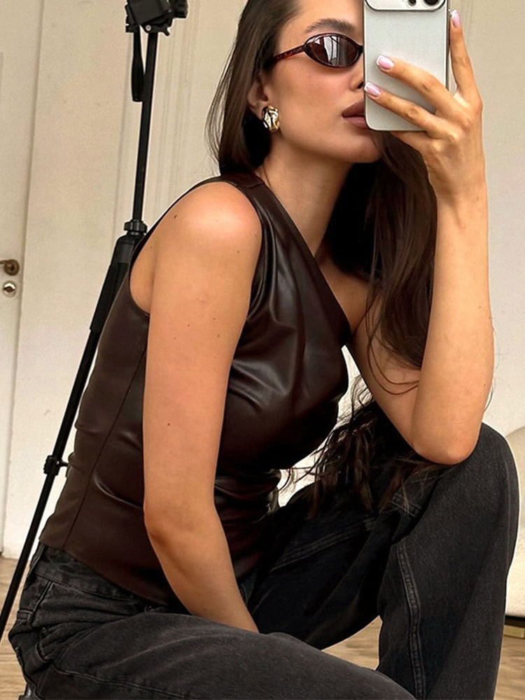 2024 Fall Snd Winter New Pure Color Slim Sleeveless One-Shoulder Slanting Collar Zipper Show Thin Jacket