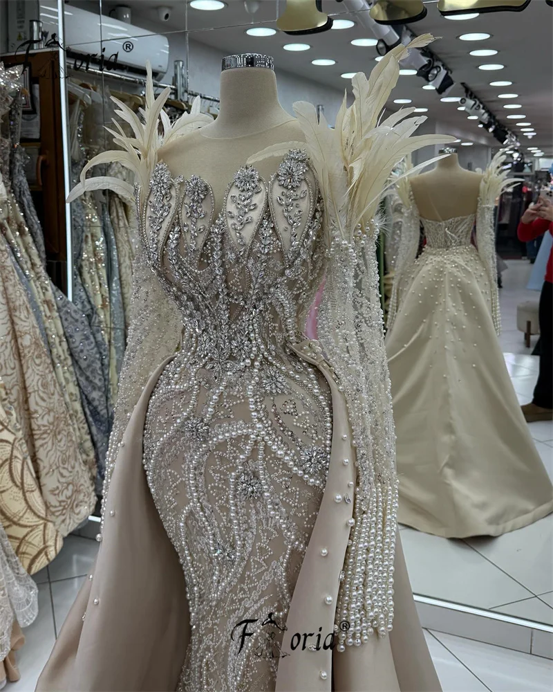 Dubai luxo champanhe vestidos de noite com trem destacável penas grânulo pérola sereia vestido de festa de casamento vestidos formais