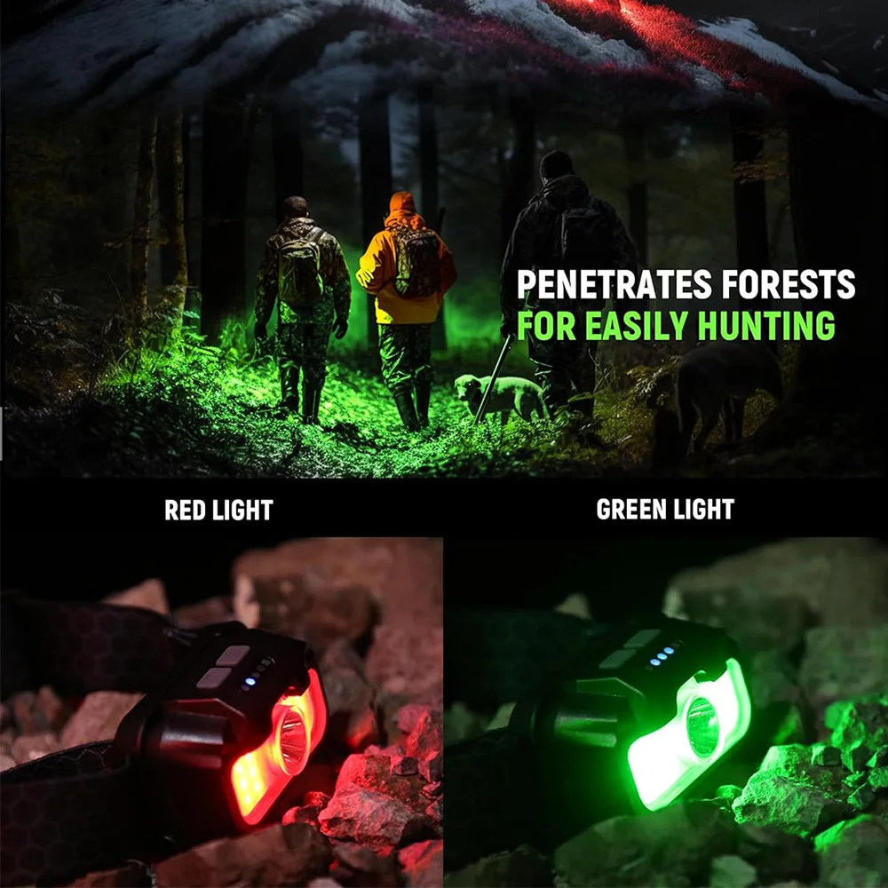 Vastfire Headlamp Rechargeable, Bright Head Lamp with White Red Green, 14 Modes Adjustable Waterproof Motion Sensor Headlight