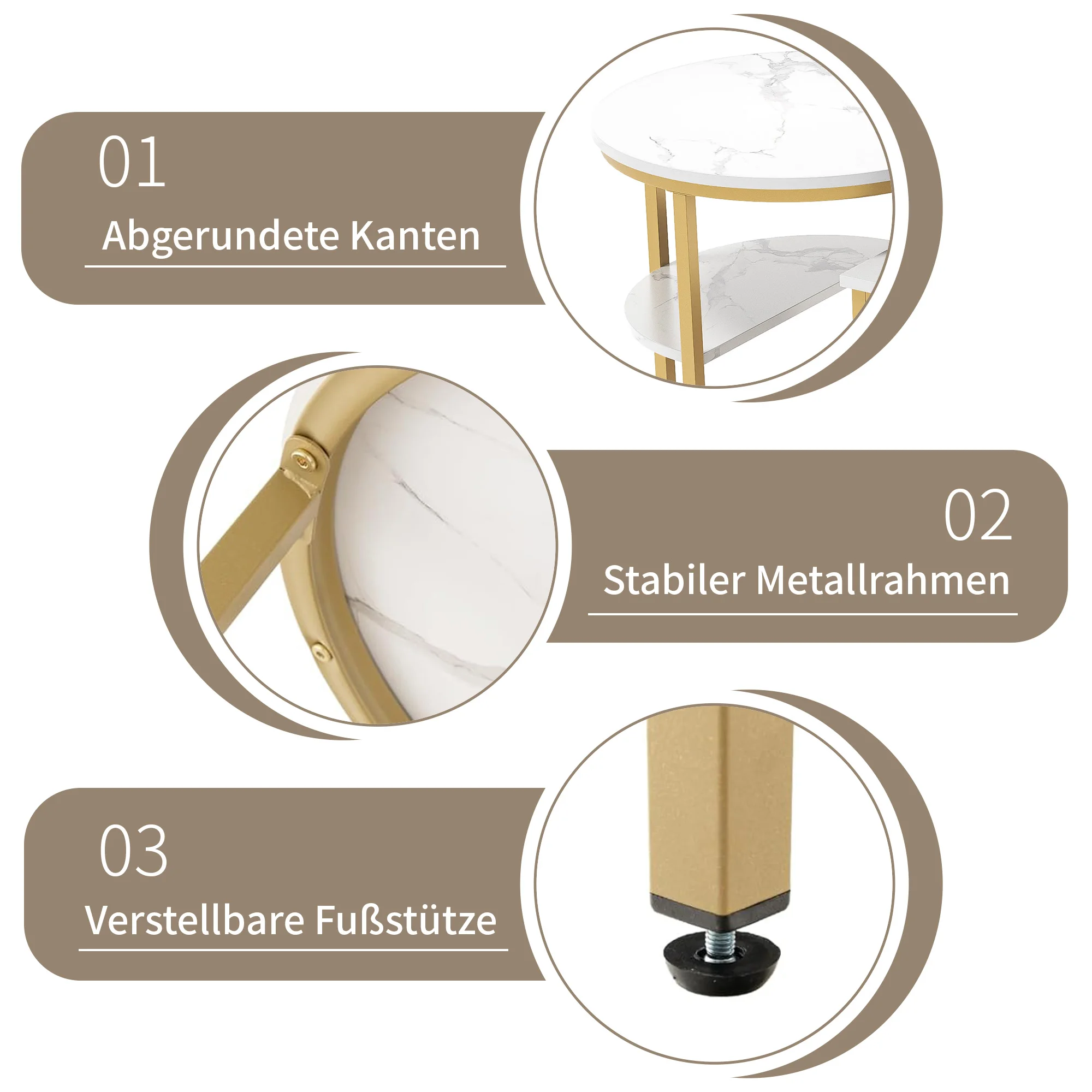 Lazyspace Couchtisch, runder weißer Marmor mit Gold/Schwarz – runder Wohnzimmertisch, 2er-Set für Wohnzimmer – Durchmesser 80 x 52 cm