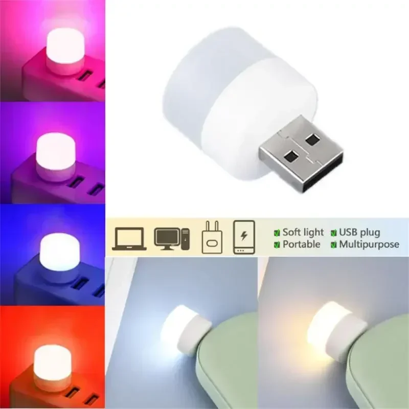 Luz nocturna USB Multicolor, Mini luz LED nocturna, lámpara con enchufe USB, Banco de energía, carga, luces de libro USB, lámparas de lectura redondas pequeñas