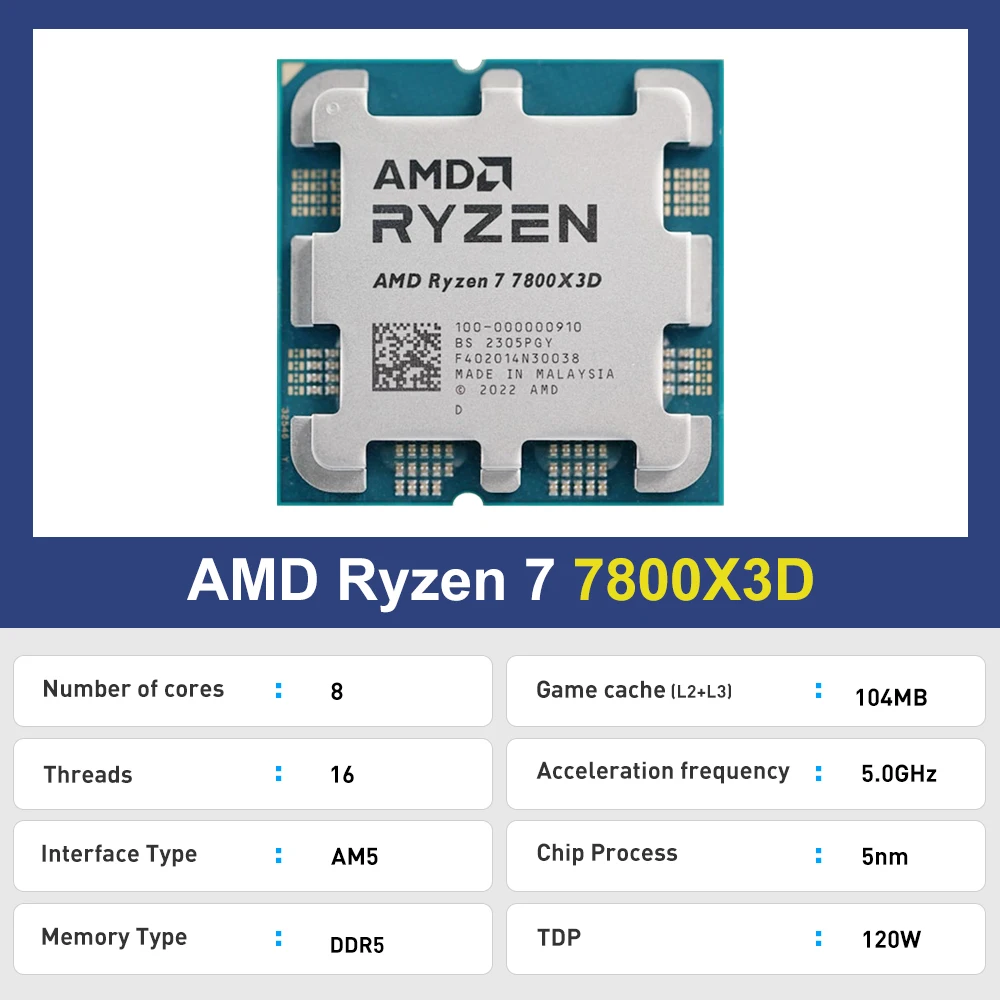 AMD Ryzen 7 7800X3D R7 7800X3D 5,0 GHz 8 núcleos 16 threads CPU 5NM 96M 100- 100000910   Soquete AM5 Nova Bandeja Sem cooler