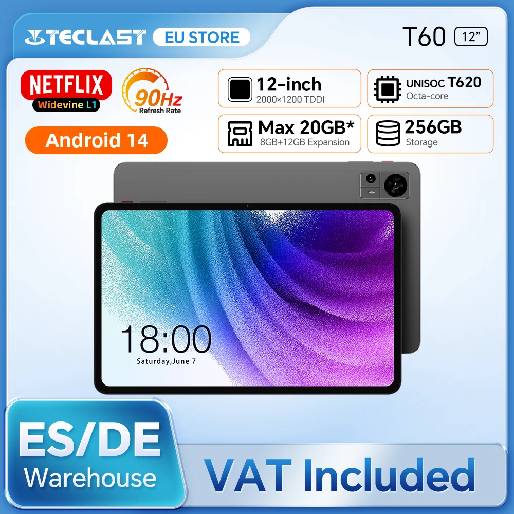Teclast T60 12-Zoll-Tablet 2K-Display Android 14 T620 8-Kern Max. 20 GB RAM 256 GB ROM 4G LTE Typ C 8000 mAh Schnellladung Widevine L1