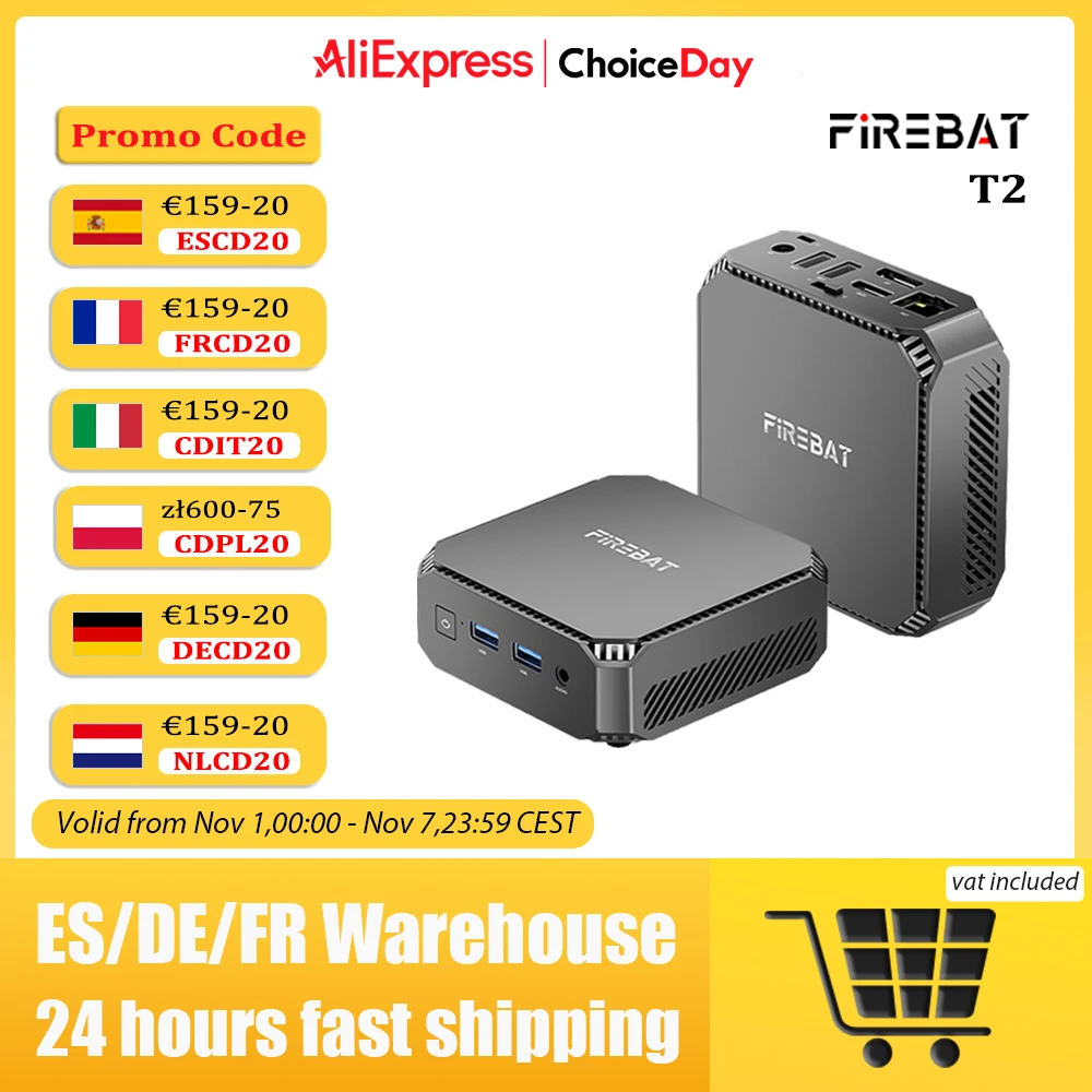 FIREBAT T2 Mini PC Intel N150 CPU Windows 11 DDR4 16 GB RAM 512 GB SSD WIFI5 BT4.2 Desktop Computer HDMI USB-poort