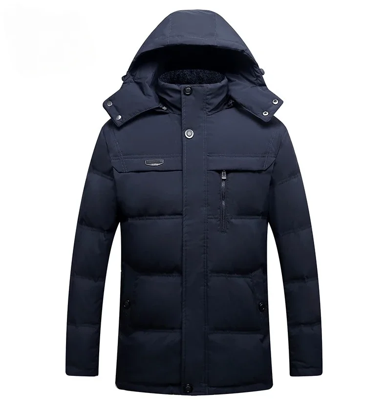 Nuevas chaquetas de invierno de longitud media para hombre, gruesas para el calor, llenas de plumón de pato blanco, con capucha y diseño resistente al viento
