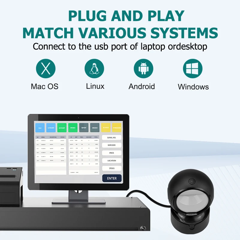 NETUM A5 2D desktop barcodescanner, omnidirectionele handsfree bekabelde USB grote barcodelezer 1D QR-scherm barcodes scannen