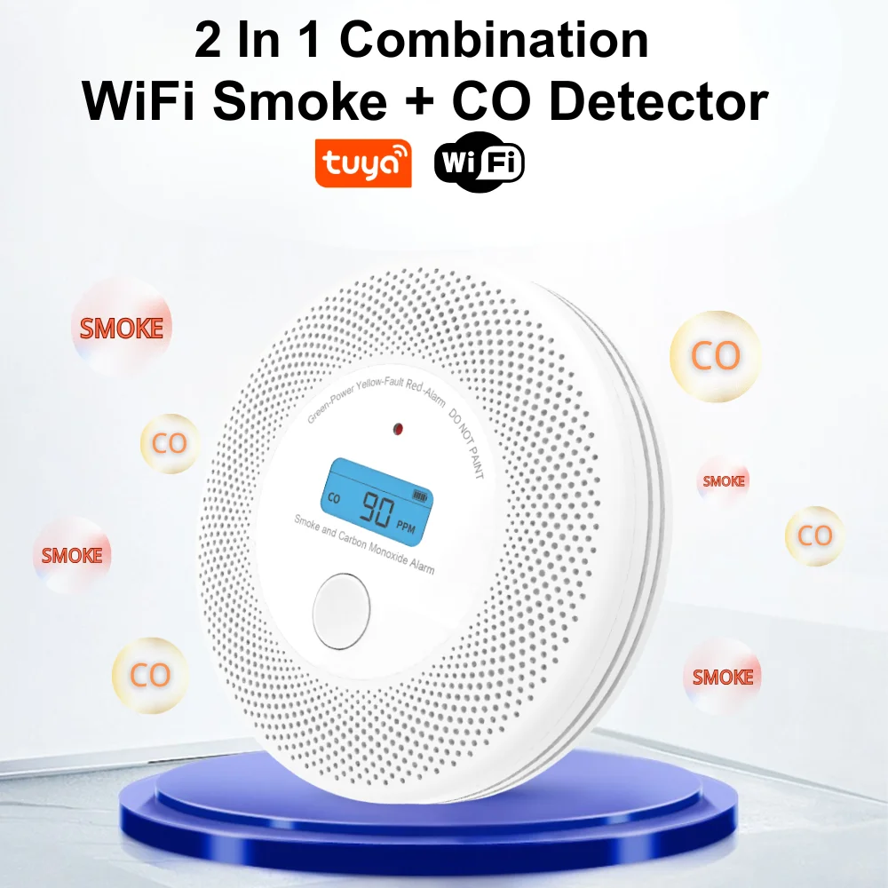 Combo 2 in 1 Tuya wifi carbon monoxide detector and alarm smoke detector rilevatore fumo rauchmelder CE certified CO & Smoke
