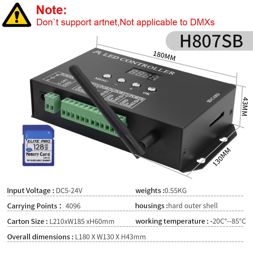H807SA H807SBWifi 8/4 Ports DMX/Artnet to SPI LED Pixel Controller With SD Card For WS2811 WS2812 WS2812b WS2815 Led Strip Light