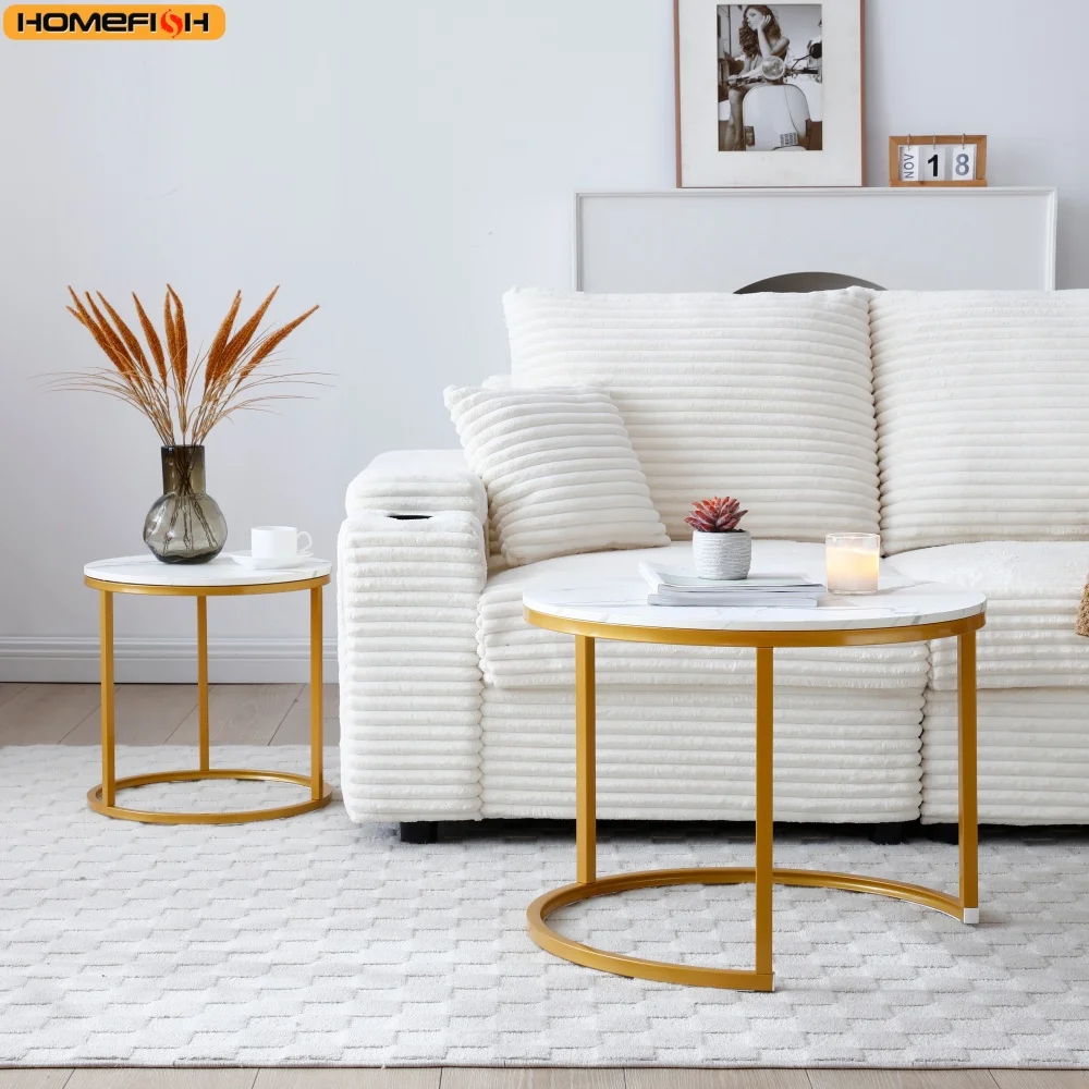 2Pcs Coffee Table Round 2 in 1 End Side Table Desk Nordic Marble Glass Home Sofa Tables Living Room Luxury Side Tables 60CM/80CM