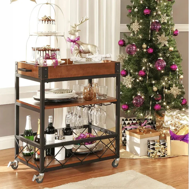 American solid wood dining car home kitchen retro mobile trolley wine cart hotel restaurant food delivery cart customization