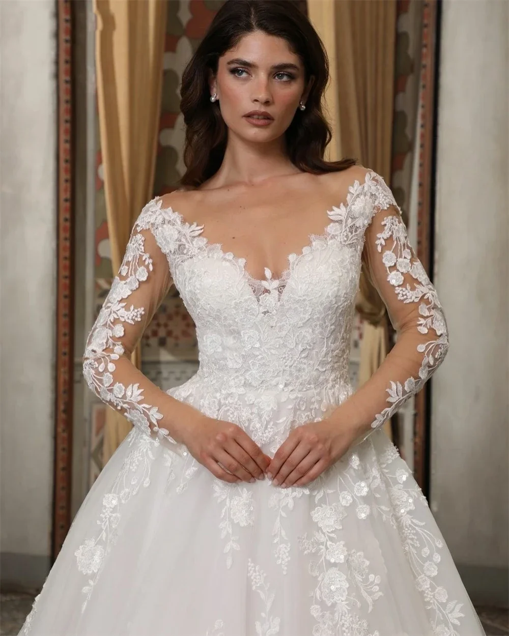 Flavinke ที่กําหนดเอง BOHO ชุดแต่งงาน Tulle 2025 V คอ A-Line ลูกไม้ Appliques จีบประณีตเจ้าสาวชุดราตรีชุดเจ้าสาว