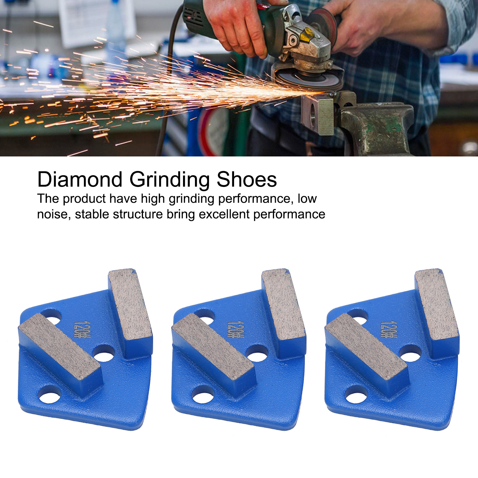 ZK30 3Pcs Diamond Grinding Shoes Trapezoid Concrete Floor Aggreesive Cutting 2 Long Teeth Blue 120#