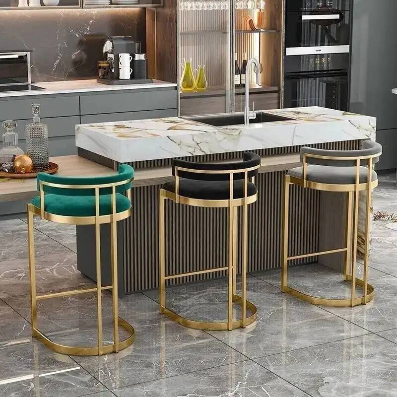 Back Kitchen Home Trendy Luxury Upholstered Bar High Chair Stool Curved Gold Modern Metal Frame Island Counter Dining Bar Stools