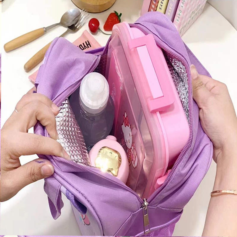 Sanrio hello kitty kuromi sacola de almoço isolada reutilizável dobrável com fecho de correr filme de alumínio isolado dentro da bolsa de lona